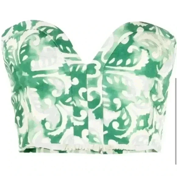 Alexis Isola Printed Bustier Small S Sage Cropped Top Strapless Sweetheart linen - Picture 3 of 9